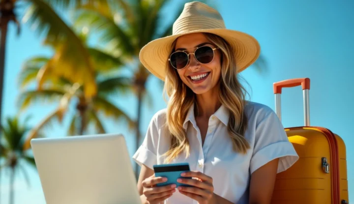 How to maximize hotel revenue streams with gift card solutions - A woman redeems a gift card on her computer outside at a beach resort - Hospitality Solutions