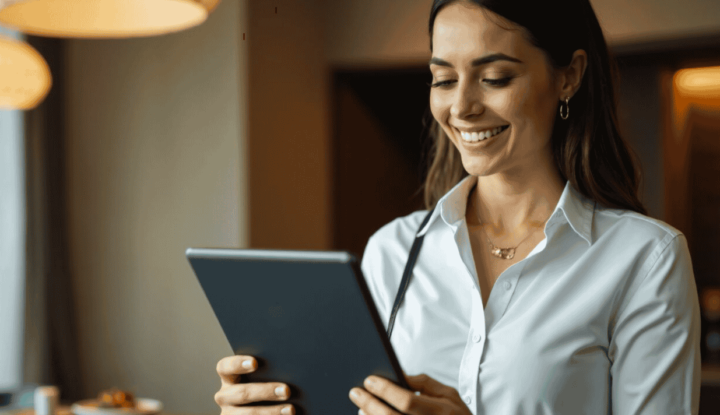A strategic budgeting guide for hotelier growth in 2026 - A woman holds an iPad while smiling in a hotel lobby - Hospitality Solutions