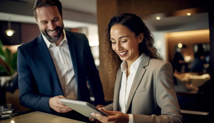 How to choose the best hotel software for your business - a man and a woman smile at a tablet in a hotel lobby - Sabre Hospitality