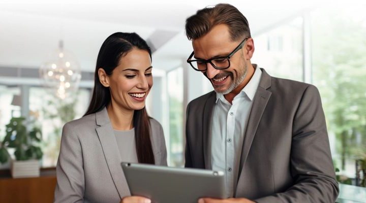 Hospitality and hotel marketing insights and trends - A man and a woman look at an iPad, smiling - Hospitality Solutions
