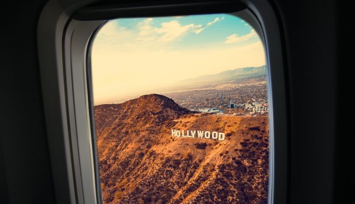 Hollywood sign out of the plane window