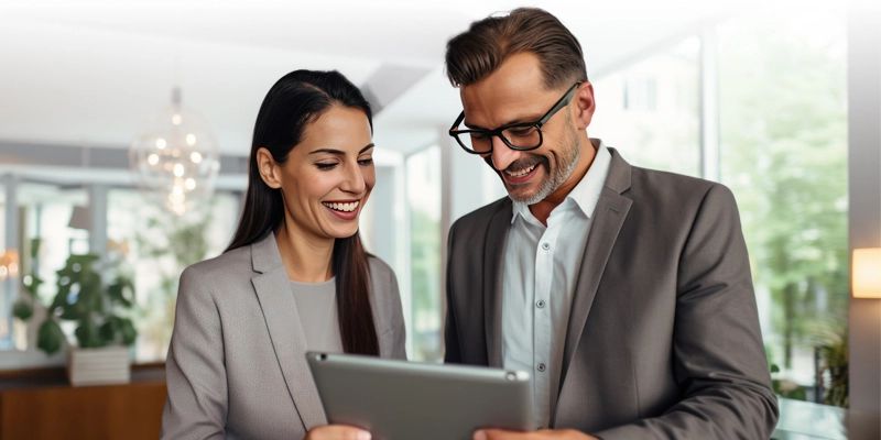 Hospitality and hotel marketing insights and trends - A man and a woman look at an iPad, smiling - Hospitality Solutions